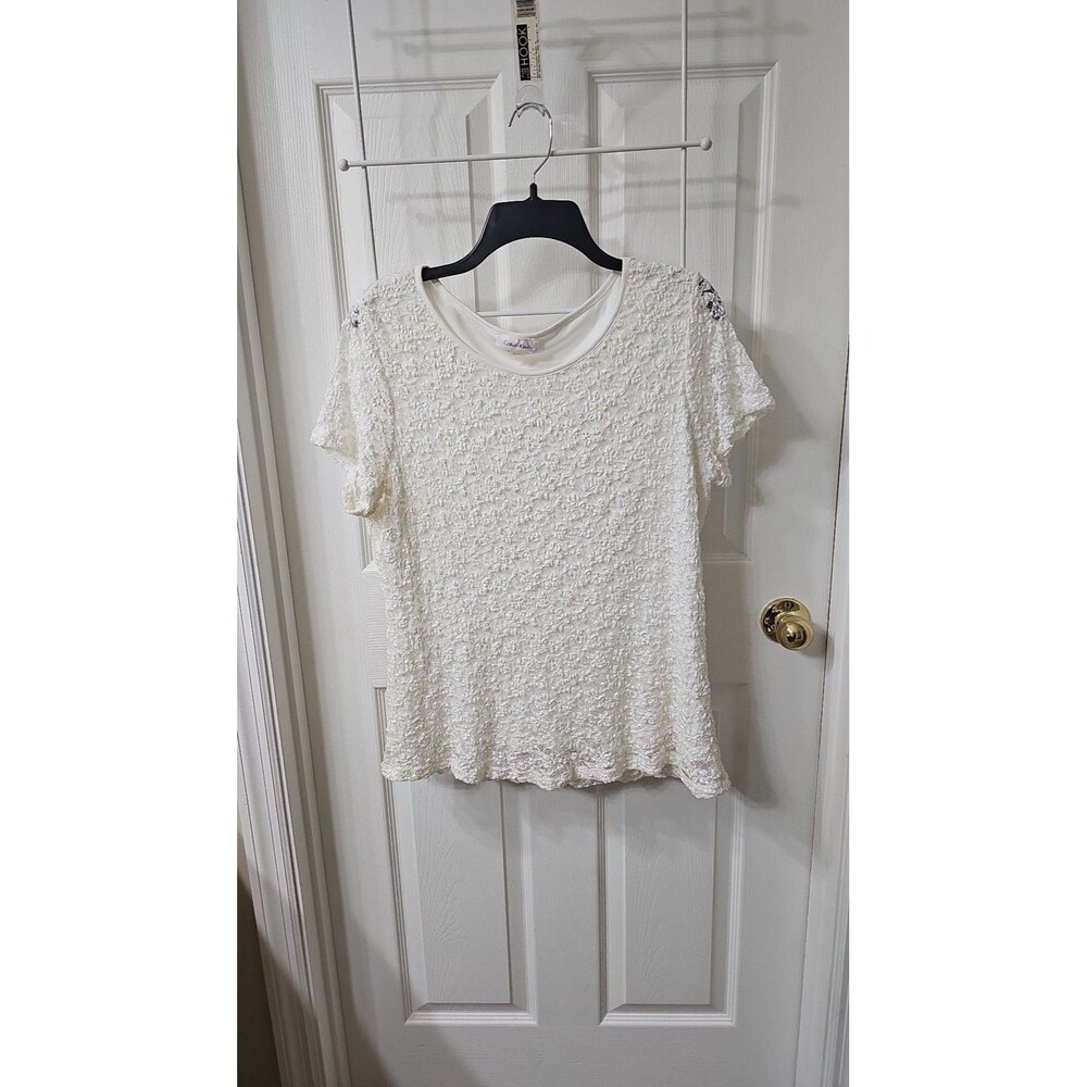 Calvin Klein Ivory Textured Stretch Floral Lace Short Sleeve Top Size Large